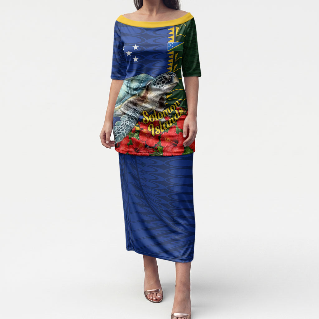 Solomon Islands Sea Turtle Puletasi Patriotic Flag Coat Of Arms Tribal Hibiscus TS04 Long Dress Blue Green - Polynesian Pride