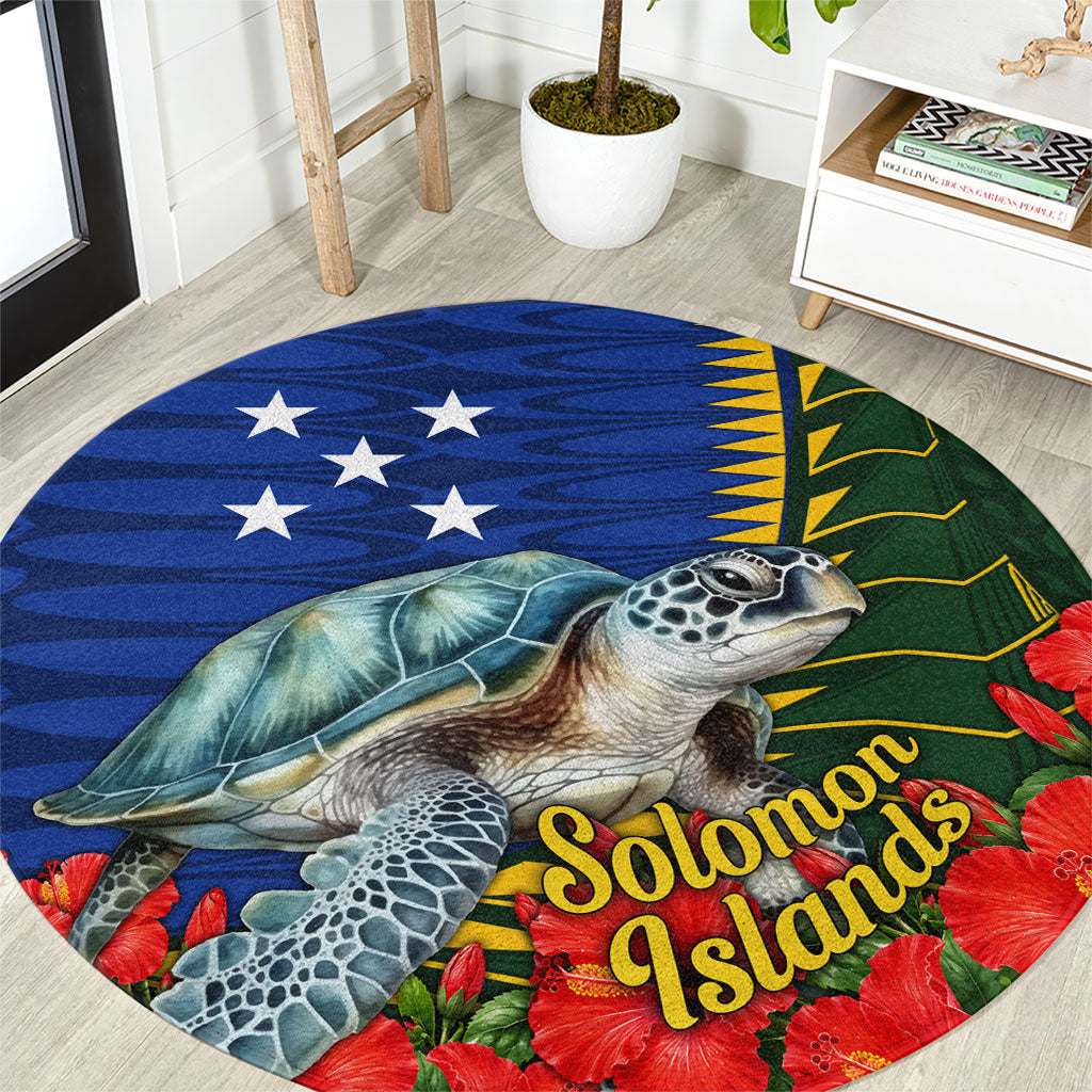 Solomon Islands Sea Turtle Round Carpet Patriotic Flag Coat Of Arms Tribal Hibiscus TS04 Blue Green - Polynesian Pride
