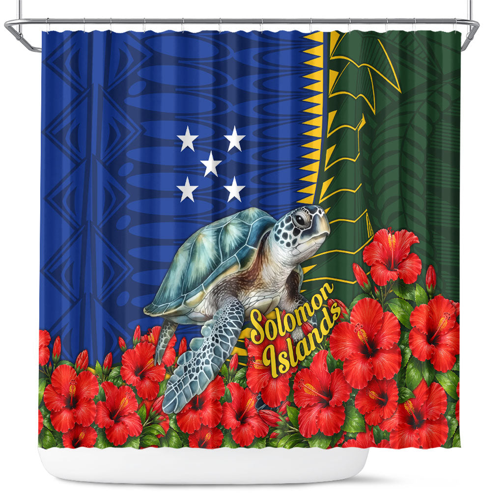 Solomon Islands Sea Turtle Shower Curtain Patriotic Flag Coat Of Arms Tribal Hibiscus TS04 Blue Green - Polynesian Pride