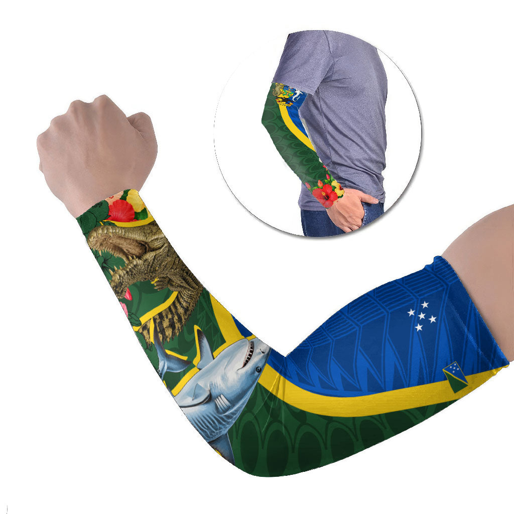 Personalized Solomon Islands Coat Of Arms Arm Sleeves Patriotic Flag Shark Crocodile Tropical Floral TS04 Set of 2 Blue Green - Polynesian Pride