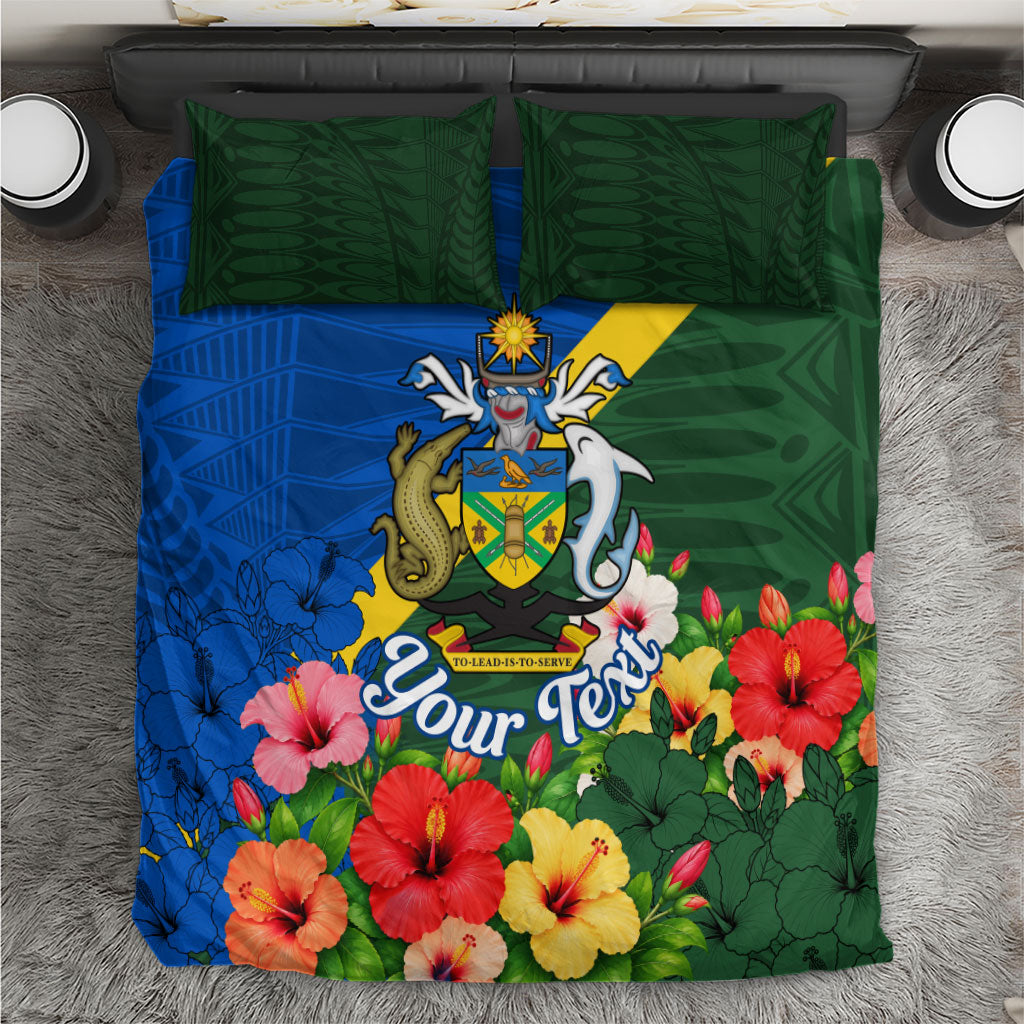 Personalized Solomon Islands Coat Of Arms Bedding Set Patriotic Flag Shark Crocodile Tropical Floral TS04 Blue Green - Polynesian Pride