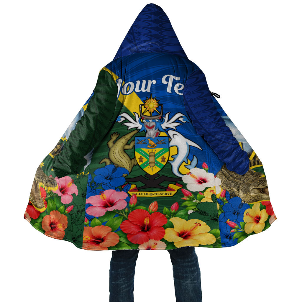 Personalized Solomon Islands Coat Of Arms Cloak Patriotic Flag Shark Crocodile Tropical Floral TS04 Unisex Blue Green - Polynesian Pride