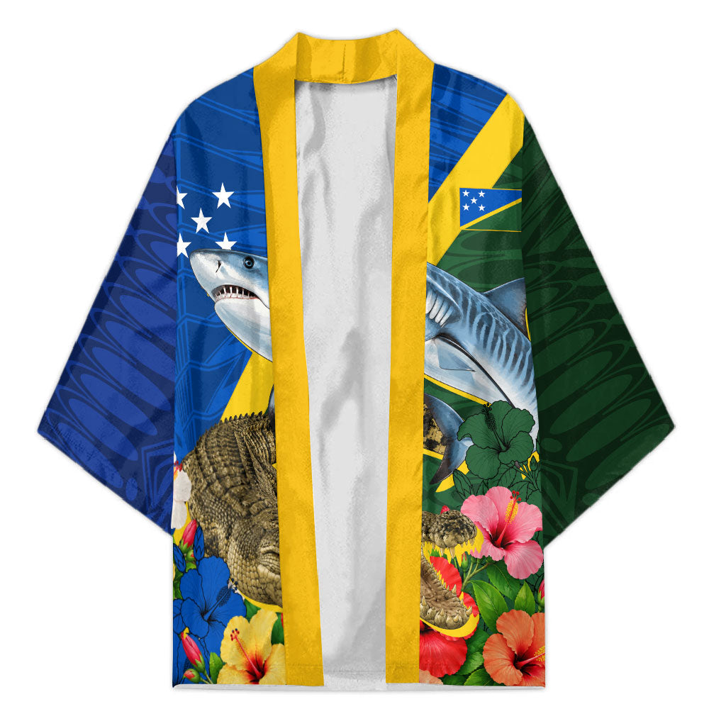 Personalized Solomon Islands Coat Of Arms Kimono Patriotic Flag Shark Crocodile Tropical Floral TS04 Unisex Blue Green - Polynesian Pride