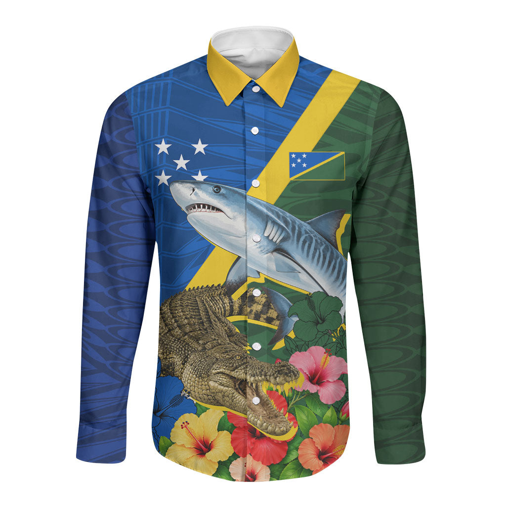 Personalized Solomon Islands Coat Of Arms Long Sleeve Button Shirt Patriotic Flag Shark Crocodile Tropical Floral TS04 Unisex Blue Green - Polynesian Pride