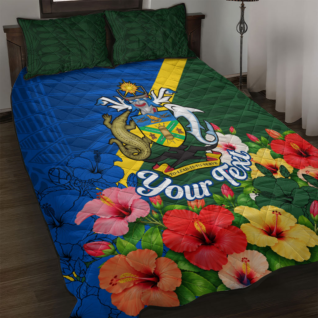 Personalized Solomon Islands Coat Of Arms Quilt Bed Set Patriotic Flag Shark Crocodile Tropical Floral TS04 Blue Green - Polynesian Pride