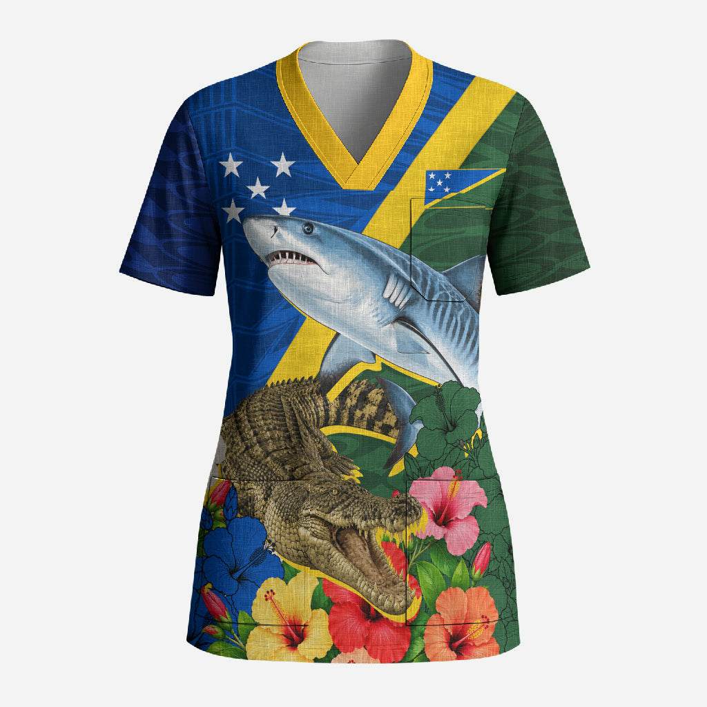 Personalized Solomon Islands Coat Of Arms Scrub Top Patriotic Flag Shark Crocodile Tropical Floral TS04 Adult Blue Green - Polynesian Pride