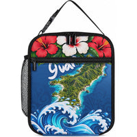Guam Tropical Island Lunch Bag Hibiscus Floral Ocean Waves TS04 10.2 × 8.3 × 4.3 inch Blue Red - Polynesian Pride