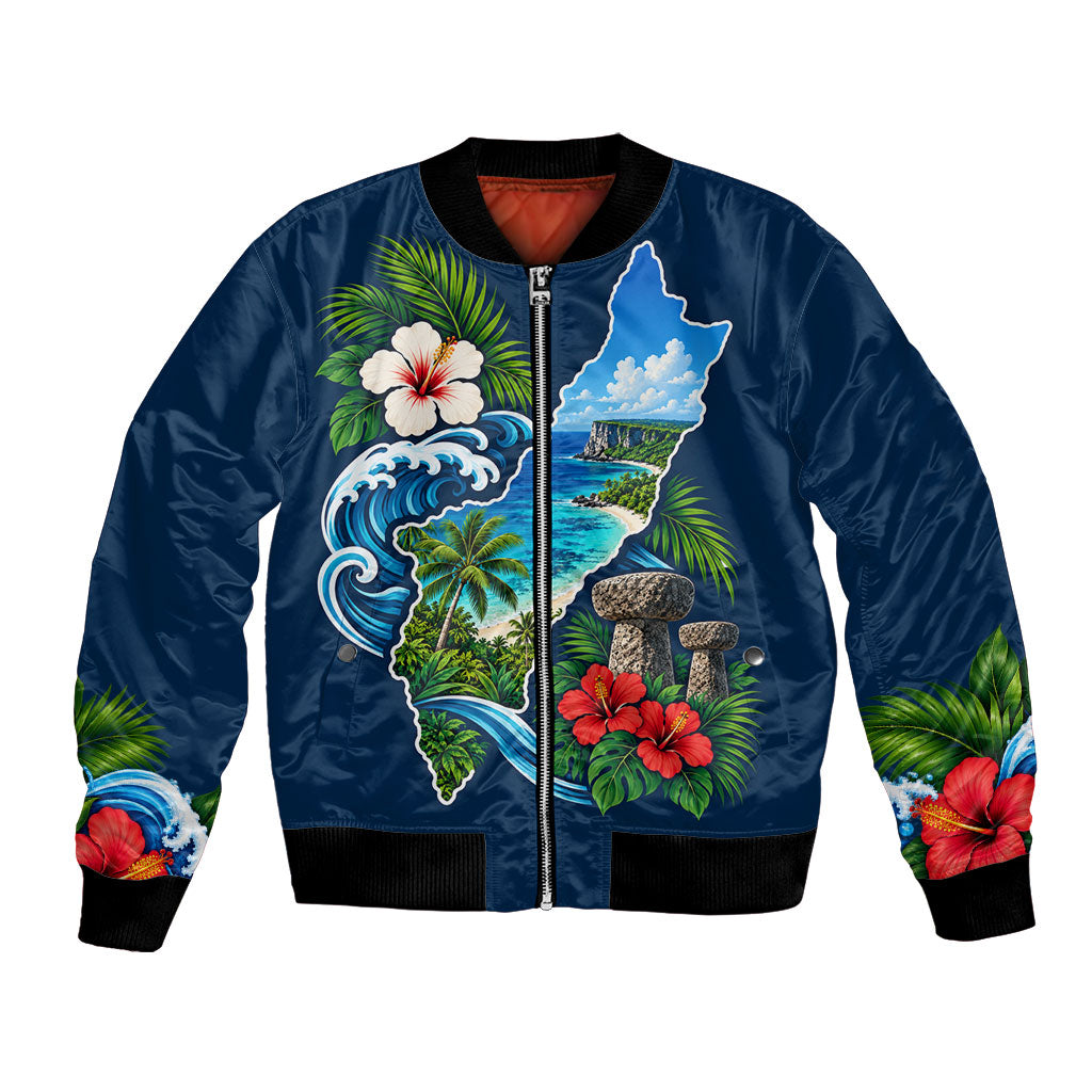 Guam Map Latte Stone Bomber Jacket Hibiscus Floral Coastal Landscape TS04 Unisex Blue Red - Polynesian Pride