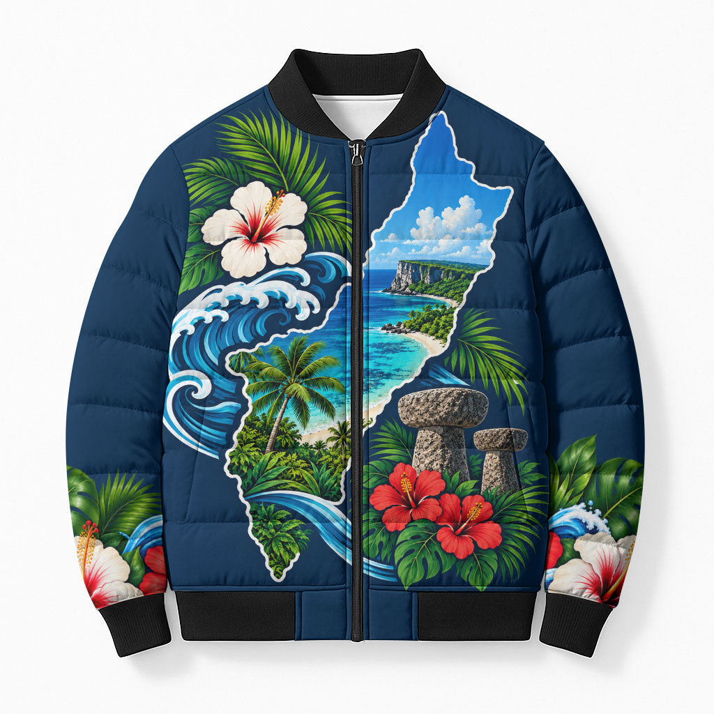 Guam Map Latte Stone Bomber Puffer Jacket Hibiscus Floral Coastal Landscape TS04 Unisex Blue Red - Polynesian Pride