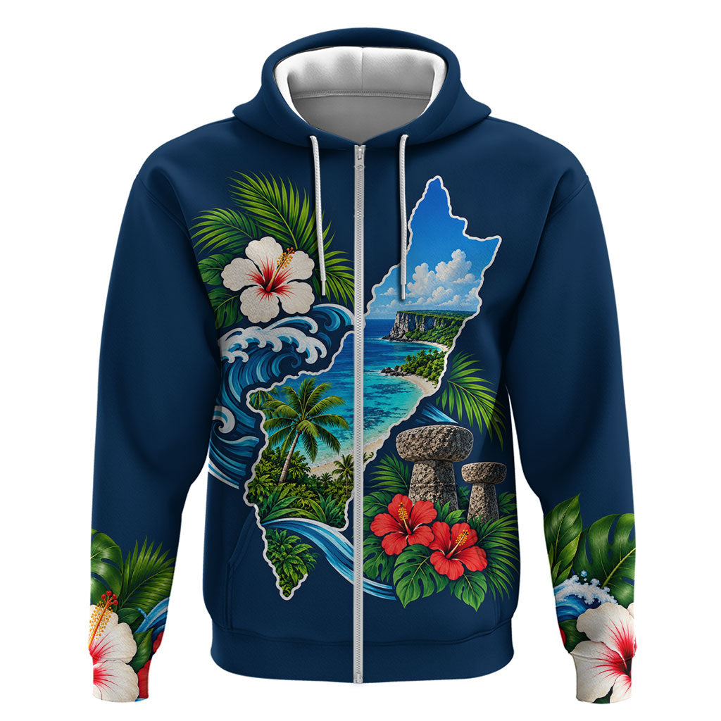 Guam Map Latte Stone Hoodie Hibiscus Floral Coastal Landscape TS04 Zip Hoodie Blue Red - Polynesian Pride