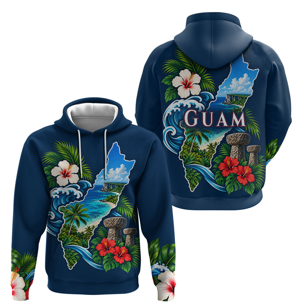 Guam Map Latte Stone Hoodie Hibiscus Floral Coastal Landscape TS04 - Polynesian Pride