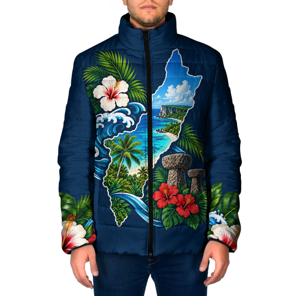 Guam Map Latte Stone Padded Jacket Hibiscus Floral Coastal Landscape TS04 Men Blue Red - Polynesian Pride