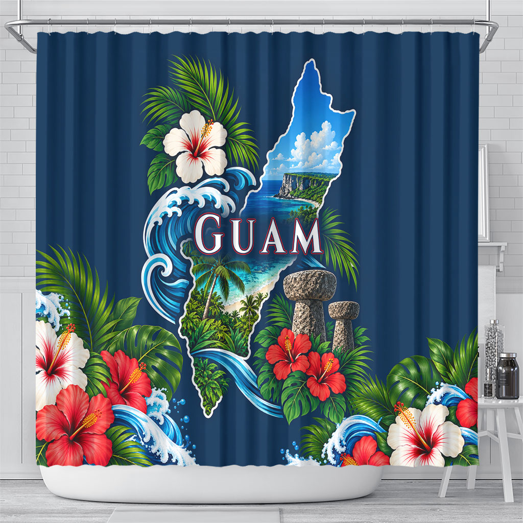 Guam Map Latte Stone Shower Curtain Hibiscus Floral Coastal Landscape TS04 - Polynesian Pride