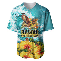Personalized Hawaii 60th Birthday Eagle Baseball Jersey Tropical Sunset Beach Hibiscus Ocean Wave TS04 Blue Yellow - Polynesian Pride