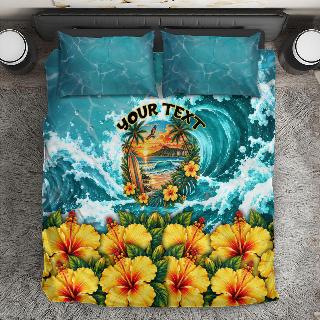 Personalized Hawaii 60th Birthday Eagle Bedding Set Tropical Sunset Beach Hibiscus Ocean Wave TS04 Blue Yellow - Polynesian Pride