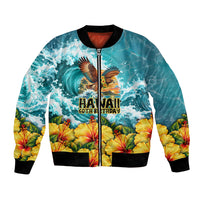 Personalized Hawaii 60th Birthday Eagle Bomber Jacket Tropical Sunset Beach Hibiscus Ocean Wave TS04 Unisex Blue Yellow - Polynesian Pride