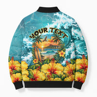 Personalized Hawaii 60th Birthday Eagle Bomber Puffer Jacket Tropical Sunset Beach Hibiscus Ocean Wave TS04 - Polynesian Pride