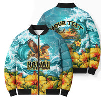 Personalized Hawaii 60th Birthday Eagle Bomber Puffer Jacket Tropical Sunset Beach Hibiscus Ocean Wave TS04 - Polynesian Pride