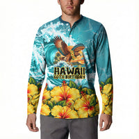 Personalized Hawaii 60th Birthday Eagle Button Sweatshirt Tropical Sunset Beach Hibiscus Ocean Wave TS04 - Polynesian Pride