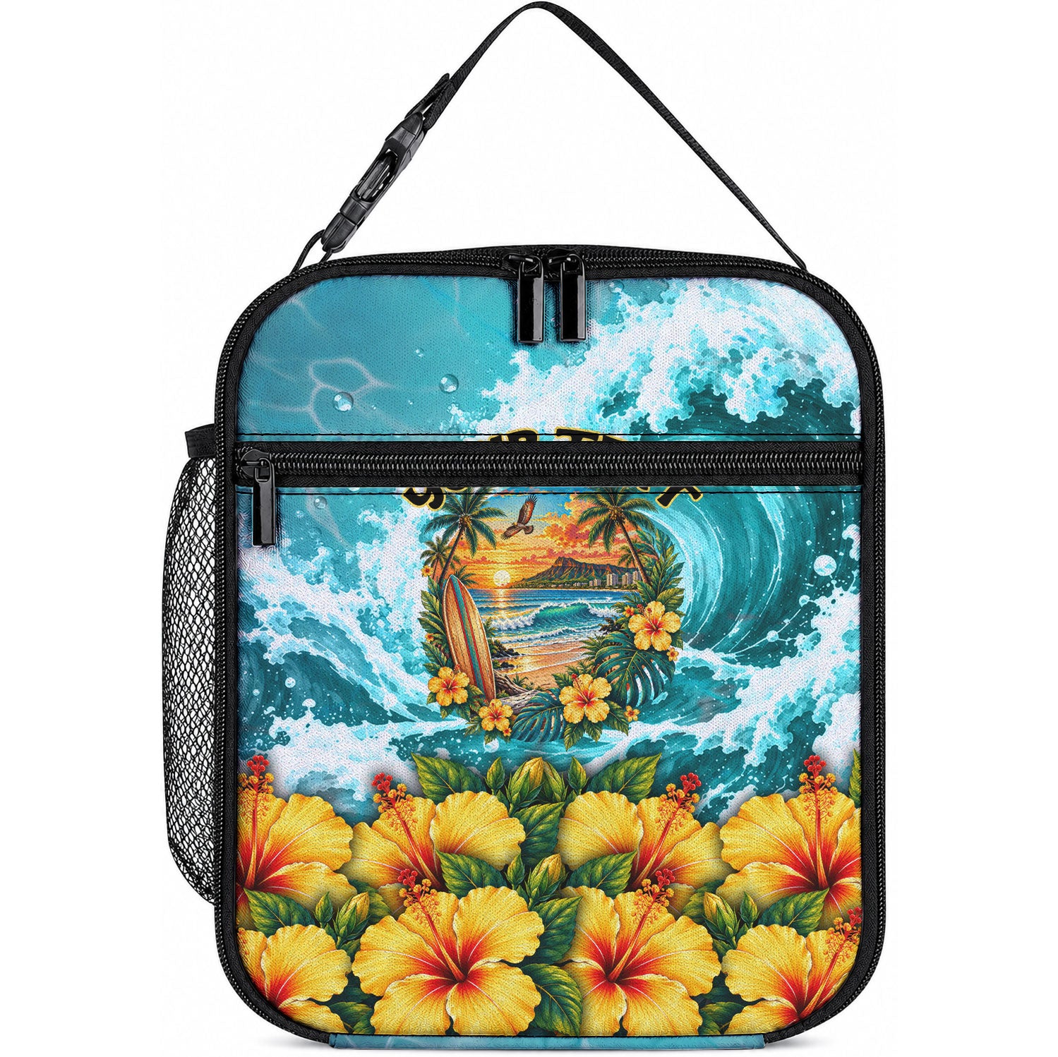 Personalized Hawaii 60th Birthday Eagle Lunch Bag Tropical Sunset Beach Hibiscus Ocean Wave TS04 10.2 × 8.3 × 4.3 inch Blue Yellow - Polynesian Pride