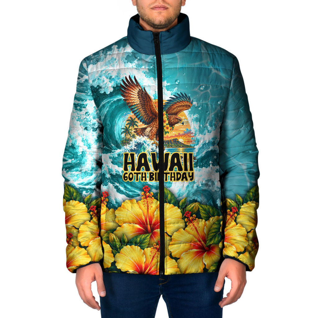 Personalized Hawaii 60th Birthday Eagle Padded Jacket Tropical Sunset Beach Hibiscus Ocean Wave TS04 Men Blue Yellow - Polynesian Pride