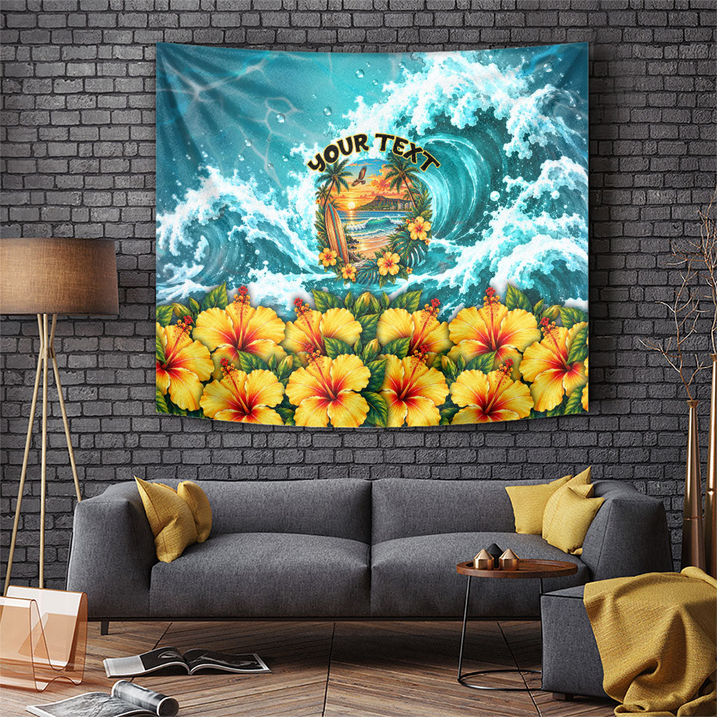 Personalized Hawaii 60th Birthday Eagle Tapestry Tropical Sunset Beach Hibiscus Ocean Wave TS04 Blue Yellow - Polynesian Pride
