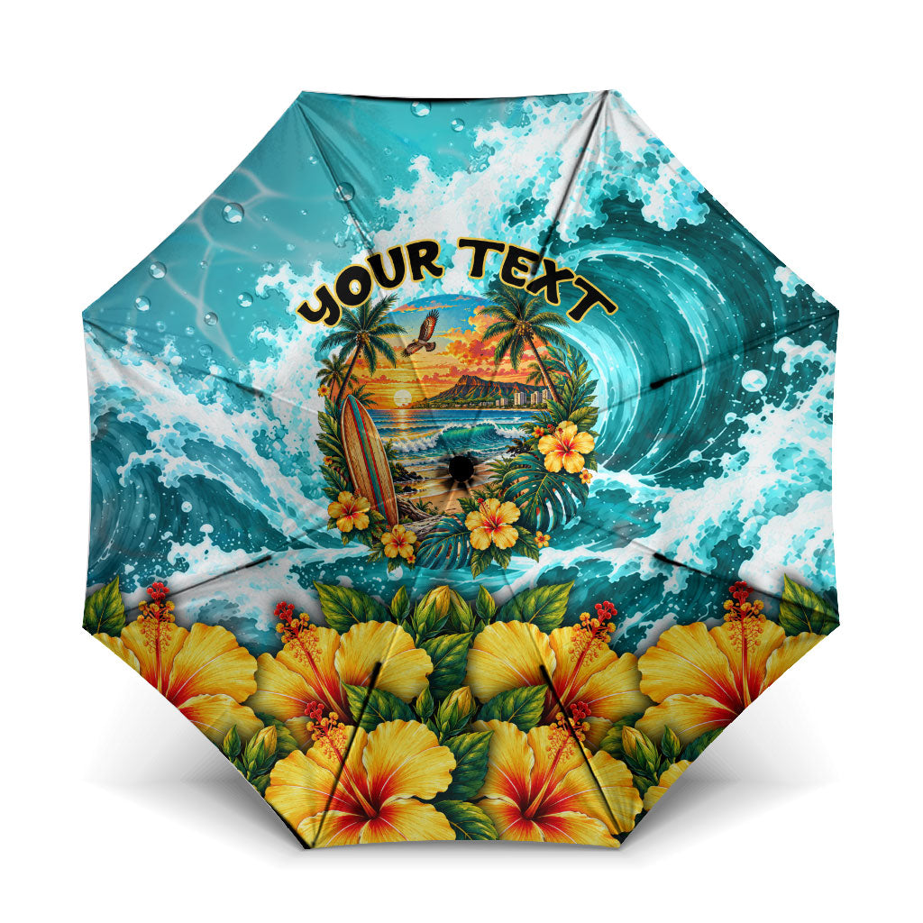 Personalized Hawaii 60th Birthday Eagle Umbrella Tropical Sunset Beach Hibiscus Ocean Wave TS04 One Size Folded 11.42 inch Opened Diameter 37.4 inch Blue Yellow - Polynesian Pride