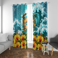 Personalized Hawaii 60th Birthday Eagle Window Curtain Tropical Sunset Beach Hibiscus Ocean Wave TS04 With Grommets Blue Yellow - Polynesian Pride
