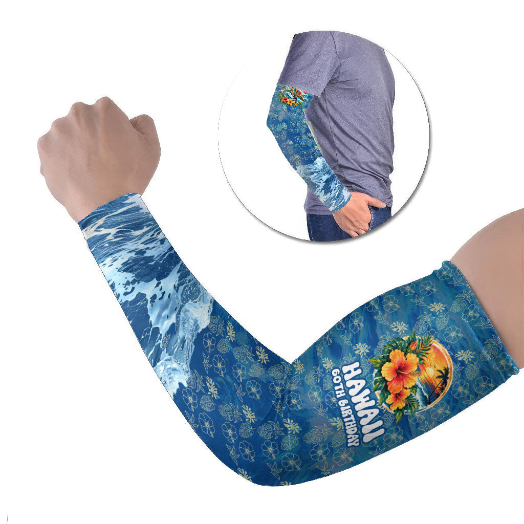 Personalized Hawaii 60th Birthday Sea Turtle Arm Sleeves Tropical Ocean Wave Floral Surfboard