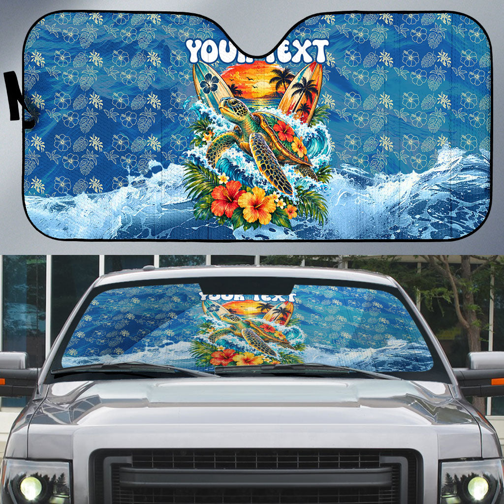 Personalized Hawaii 60th Birthday Sea Turtle Auto Sun Shade Tropical Ocean Wave Floral Surfboard TS04 Blue Yellow - Polynesian Pride