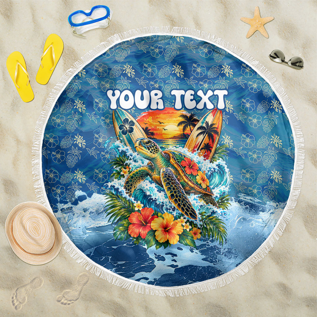 Personalized Hawaii 60th Birthday Sea Turtle Beach Blanket Tropical Ocean Wave Floral Surfboard TS04 One Size 150cm Blue Yellow - Polynesian Pride