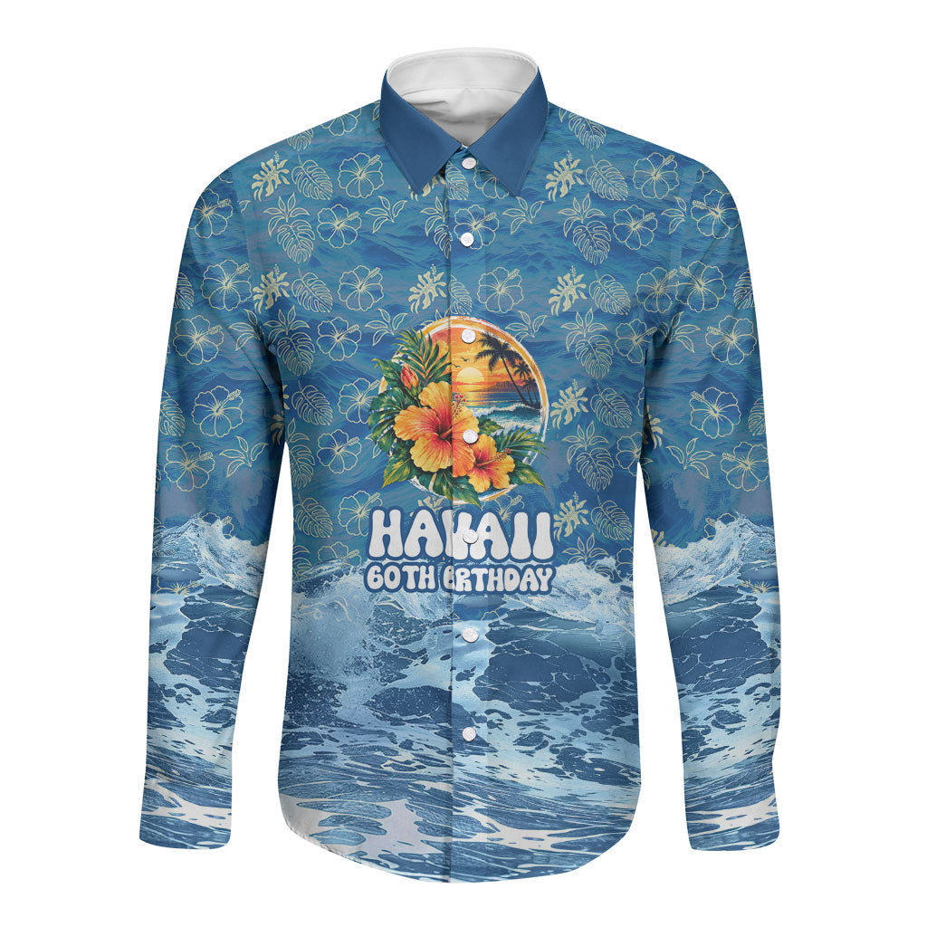 Personalized Hawaii 60th Birthday Sea Turtle Long Sleeve Button Shirt Tropical Ocean Wave Floral Surfboard TS04 Unisex Blue Yellow - Polynesian Pride