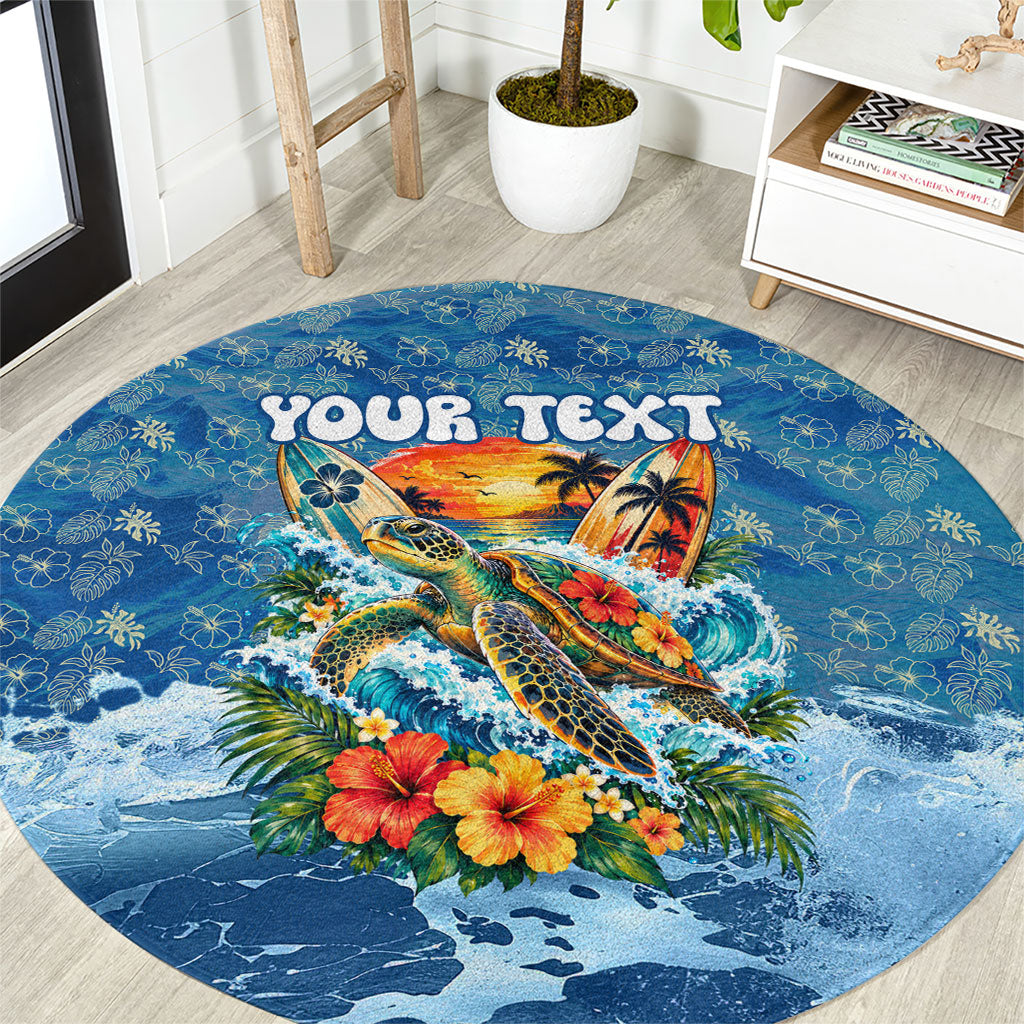 Personalized Hawaii 60th Birthday Sea Turtle Round Carpet Tropical Ocean Wave Floral Surfboard TS04 Blue Yellow - Polynesian Pride