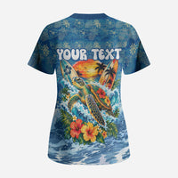 Personalized Hawaii 60th Birthday Sea Turtle Scrub Top Tropical Ocean Wave Floral Surfboard TS04 - Polynesian Pride