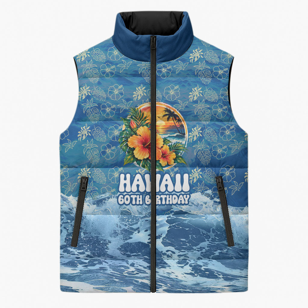 Personalized Hawaii 60th Birthday Sea Turtle Sleeveless Puffer Jacket Tropical Ocean Wave Floral Surfboard