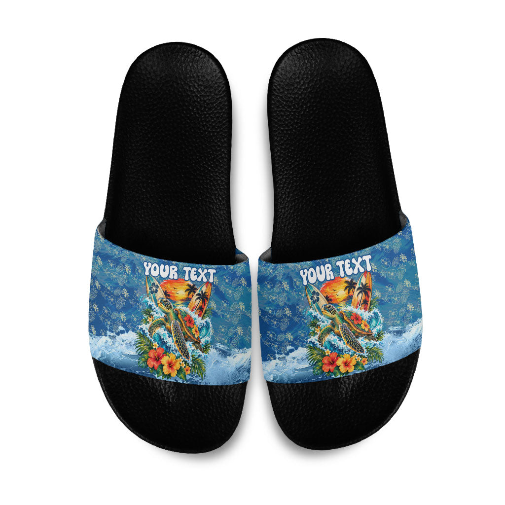 Personalized Hawaii 60th Birthday Sea Turtle Slide Sandals Tropical Ocean Wave Floral Surfboard