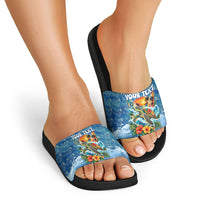 Personalized Hawaii 60th Birthday Sea Turtle Slide Sandals Tropical Ocean Wave Floral Surfboard TS04 - Polynesian Pride