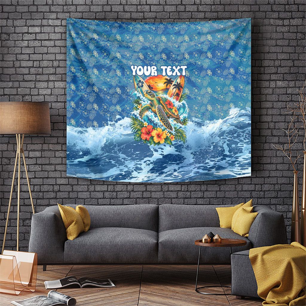 Personalized Hawaii 60th Birthday Sea Turtle Tapestry Tropical Ocean Wave Floral Surfboard TS04 Blue Yellow - Polynesian Pride