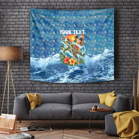 Personalized Hawaii 60th Birthday Sea Turtle Tapestry Tropical Ocean Wave Floral Surfboard TS04 Blue Yellow - Polynesian Pride