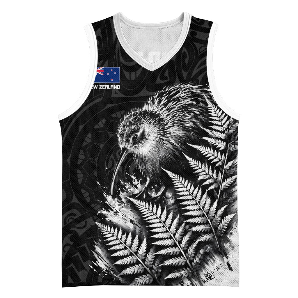 Personalized New Zealand Kiwi Bird Basketball Jersey Grunge Maori Tribal Pattern Silver Fern