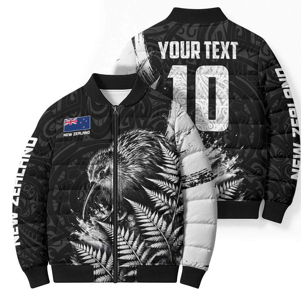 Personalized New Zealand Kiwi Bird Bomber Puffer Jacket Grunge Maori Tribal Pattern Silver Fern