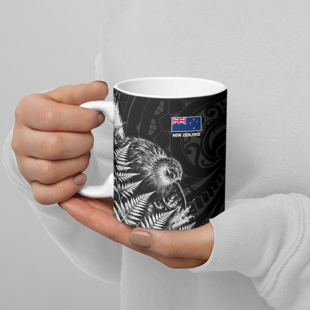 Personalized New Zealand Kiwi Bird Ceramic Mug Grunge Maori Tribal Pattern Silver Fern