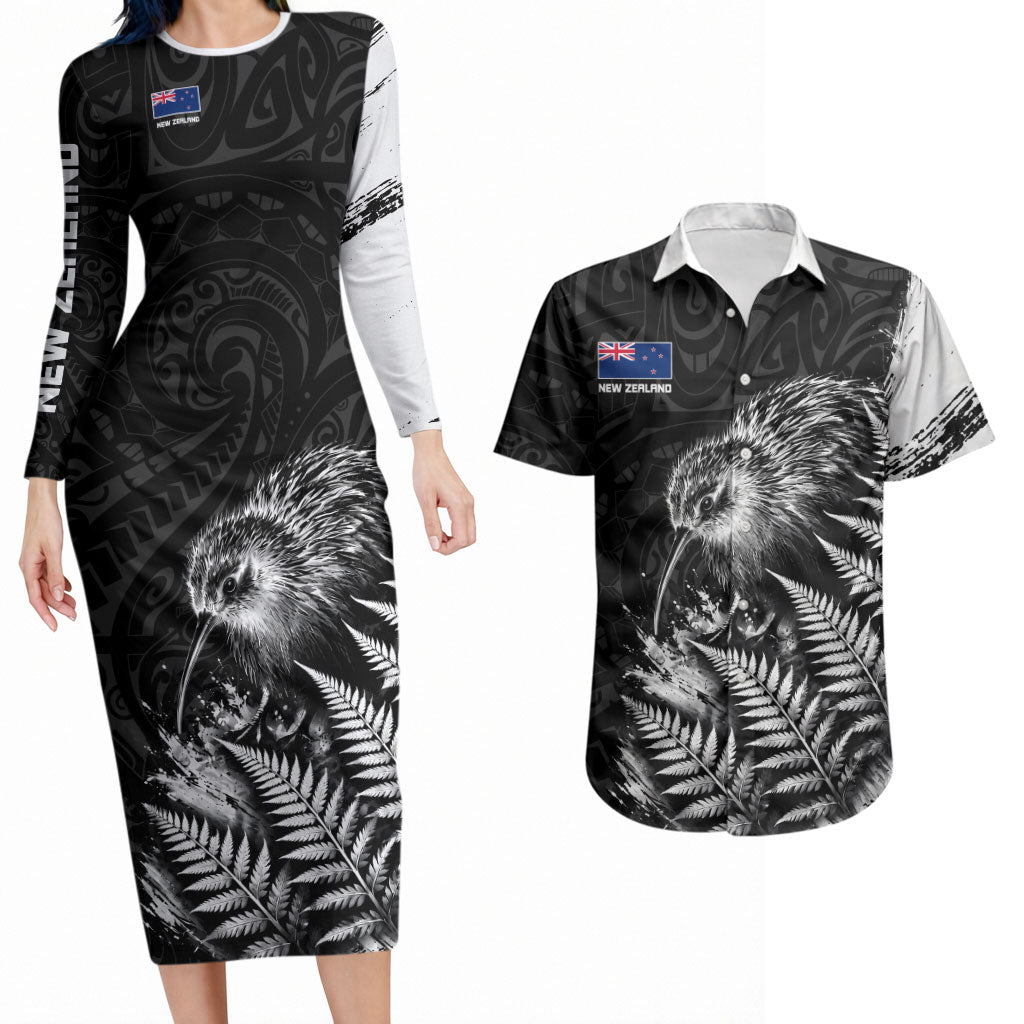 Personalized New Zealand Kiwi Bird Couples Matching Long Sleeve Bodycon Dress and Hawaiian Shirt Grunge Maori Tribal Pattern Silver Fern TS04 Black White - Polynesian Pride
