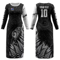 Personalized New Zealand Kiwi Bird Couples Matching Long Sleeve Bodycon Dress and Hawaiian Shirt Grunge Maori Tribal Pattern Silver Fern