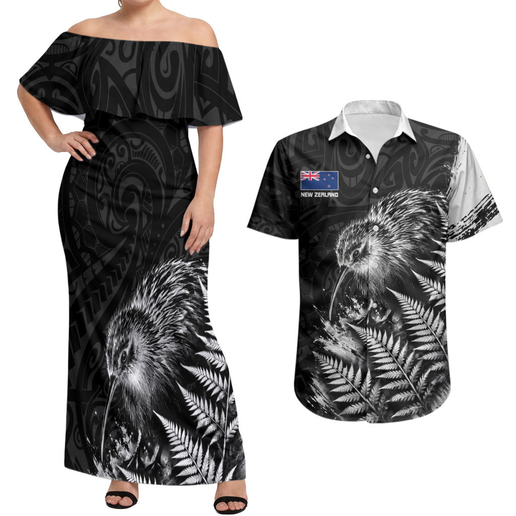 Personalized New Zealand Kiwi Bird Couples Matching Off Shoulder Maxi Dress and Hawaiian Shirt Grunge Maori Tribal Pattern Silver Fern TS04 Black White - Polynesian Pride
