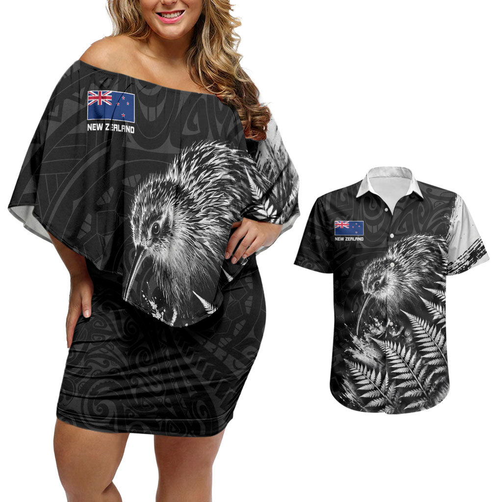 Personalized New Zealand Kiwi Bird Couples Matching Off Shoulder Short Dress and Hawaiian Shirt Grunge Maori Tribal Pattern Silver Fern