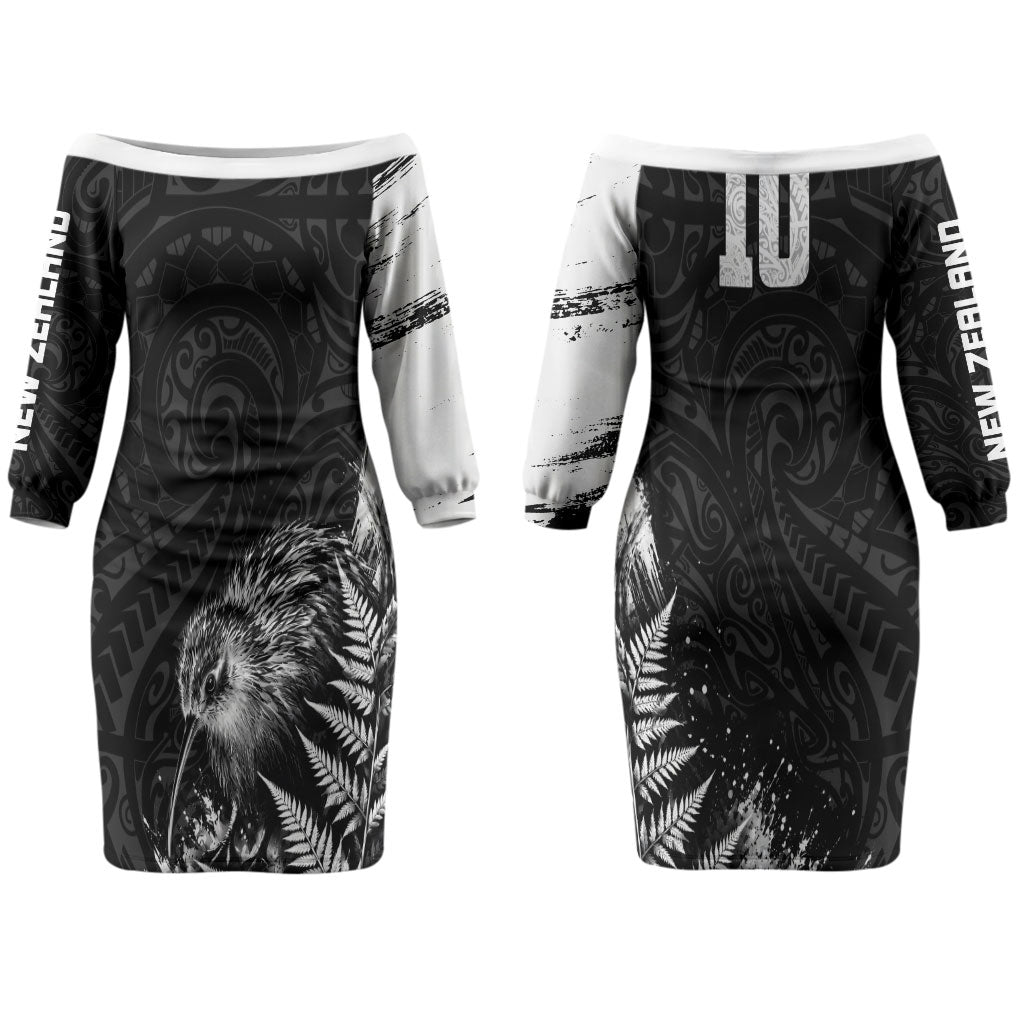 Personalized New Zealand Kiwi Bird Couples Matching Off The Shoulder Long Sleeve Dress and Hawaiian Shirt Grunge Maori Tribal Pattern Silver Fern