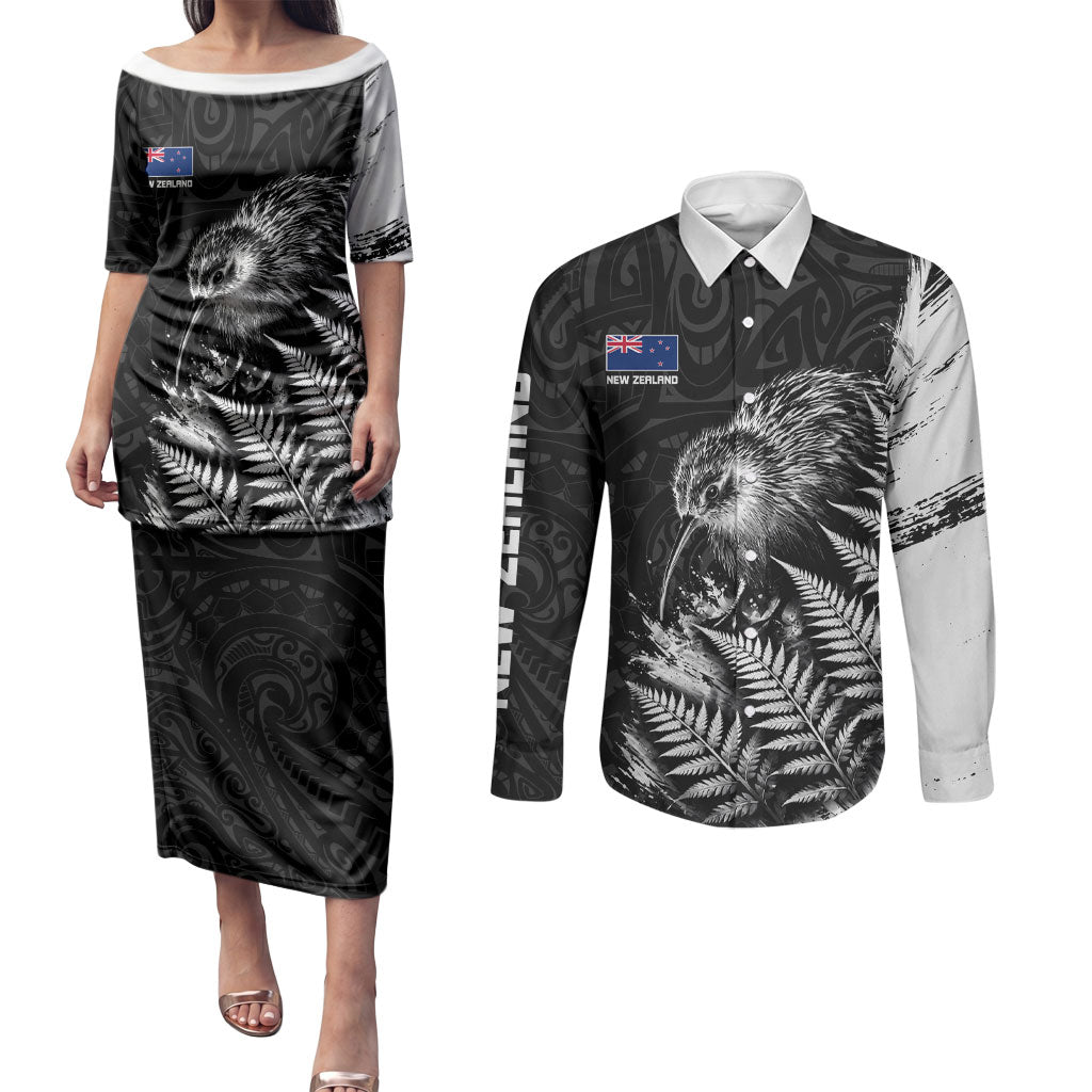 Personalized New Zealand Kiwi Bird Couples Matching Puletasi and Long Sleeve Button Shirt Grunge Maori Tribal Pattern Silver Fern TS04 Black White - Polynesian Pride