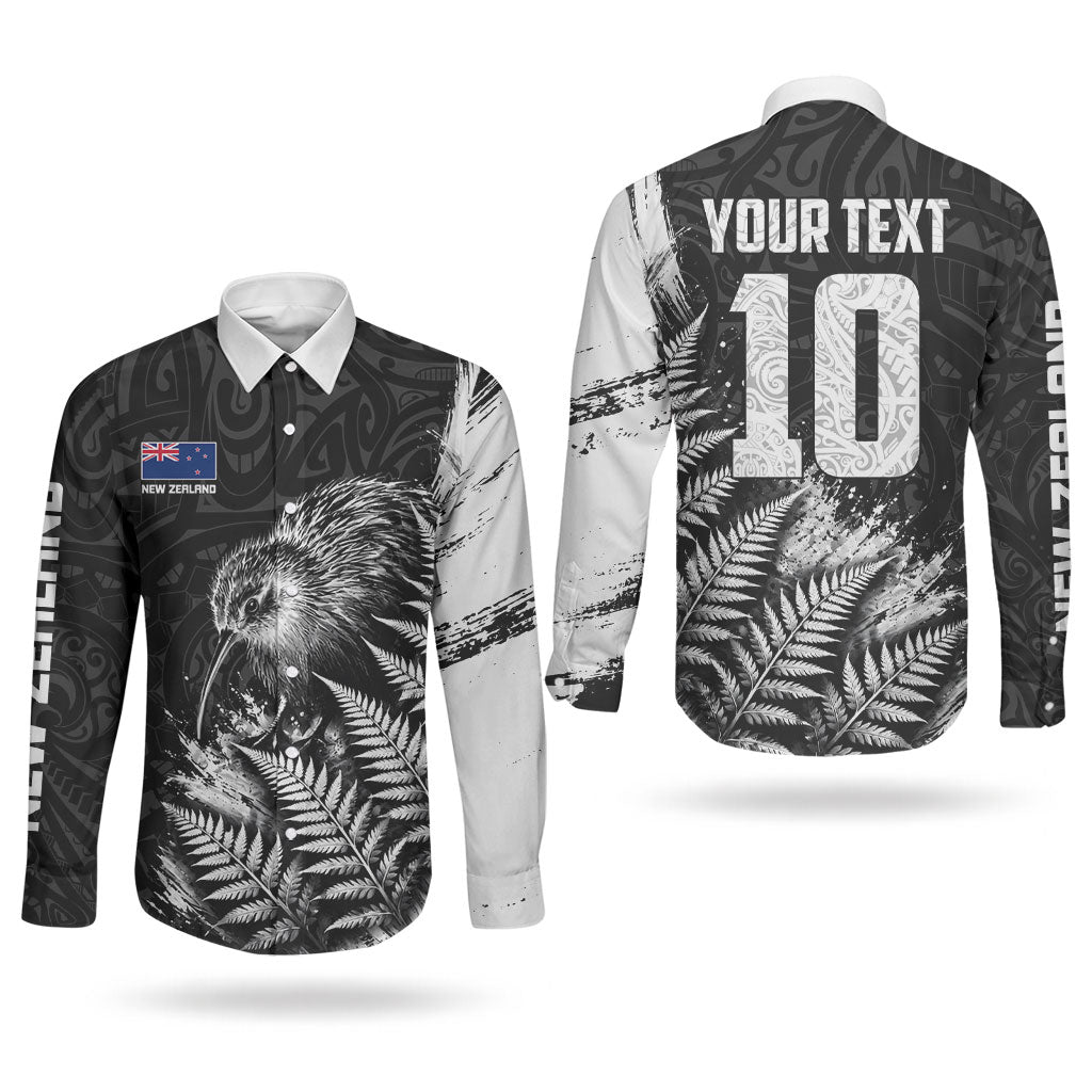 Personalized New Zealand Kiwi Bird Couples Matching Puletasi and Long Sleeve Button Shirt Grunge Maori Tribal Pattern Silver Fern