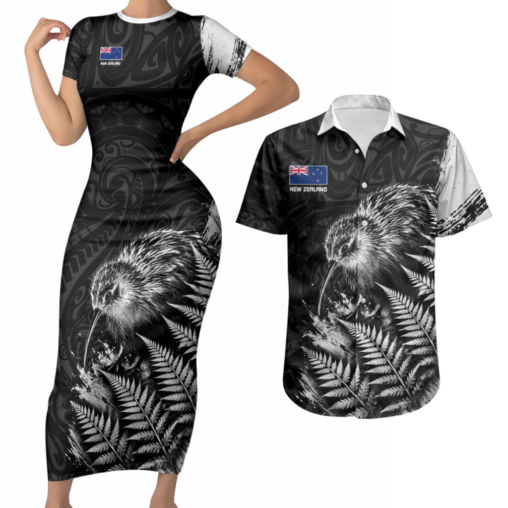 Personalized New Zealand Kiwi Bird Couples Matching Short Sleeve Bodycon Dress and Hawaiian Shirt Grunge Maori Tribal Pattern Silver Fern